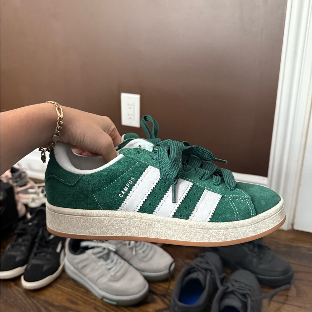 adidas Green Sneakers with White Stripes and Suede Upper